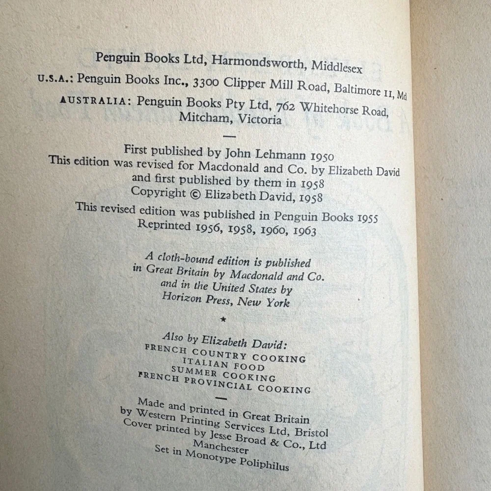 Elizabeth David Penguin Handbook Cookbooks  Mediterranean French Summer‎ Cooking